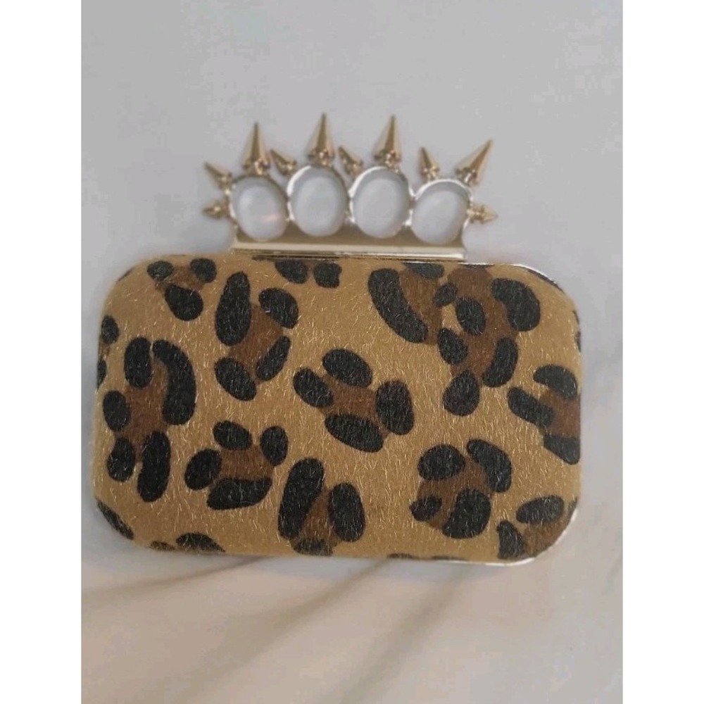 Leopard Faux Fur Gold Spiked Knuckles Fashion Clutch Bag Edgy Small Box Purse